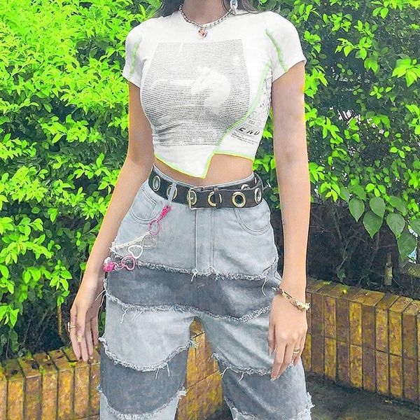 

women's t-shirt ladies fashion print irregular all-match white
