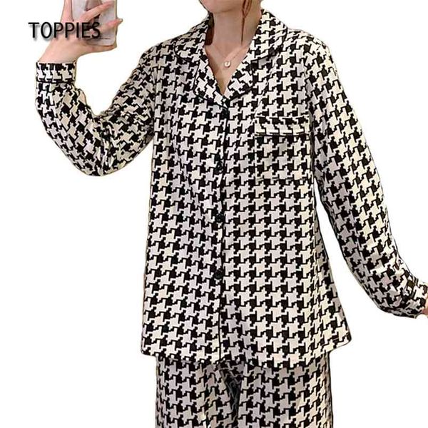 

spring pajamas for women houndstooth printing sleepwear female casual two piece set sleep and pants 210421, Black