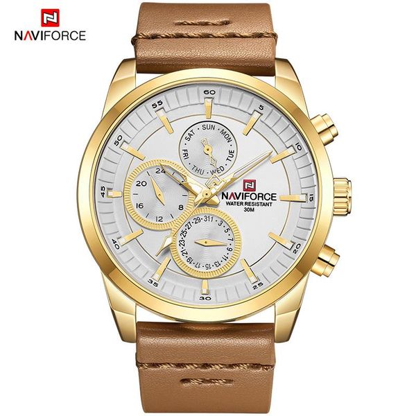 

wristwatches 2021men's sports watches naviforce men quartz 24 hour date wrist watch waterproof leather clock relogio masculi, Slivery;brown