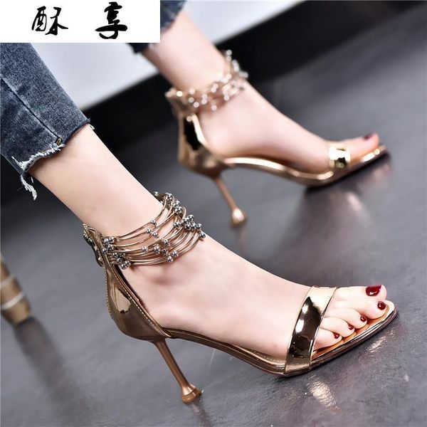 

summer stylish pointed nightclub women's high heels zipper comfortable walking stiletto open toe sandals women dress shoes, Black