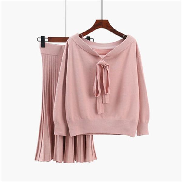 

women's two piece pants autumn winter 2 set women long sleeve bow tie collarknitting coat+ lady knitted ruffled a-line skirt a054, White
