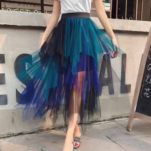 

skirts spring sweet multi-color tulle patchwork irregular elastic waist a-line tiered mesh pleated calf long skirts, Black