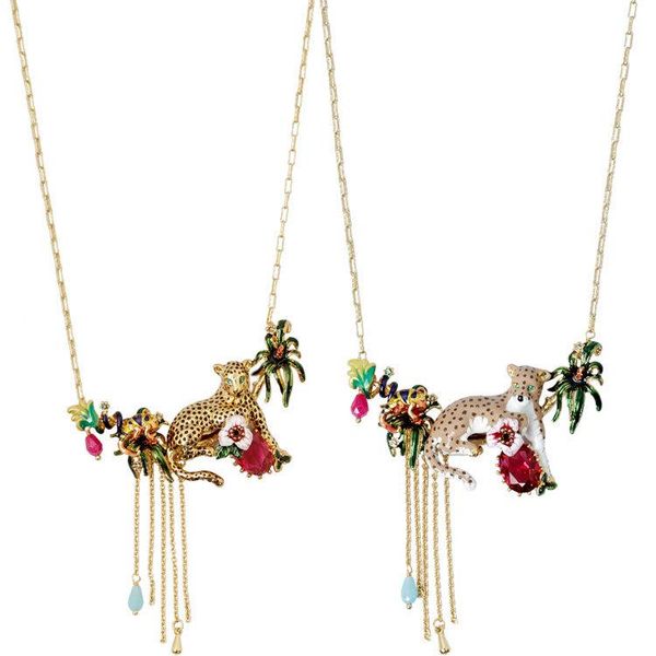 

pendant necklaces france paris personality exaggerated hand painted enamel animal leopard necklace female temperament ruby tassel, Silver