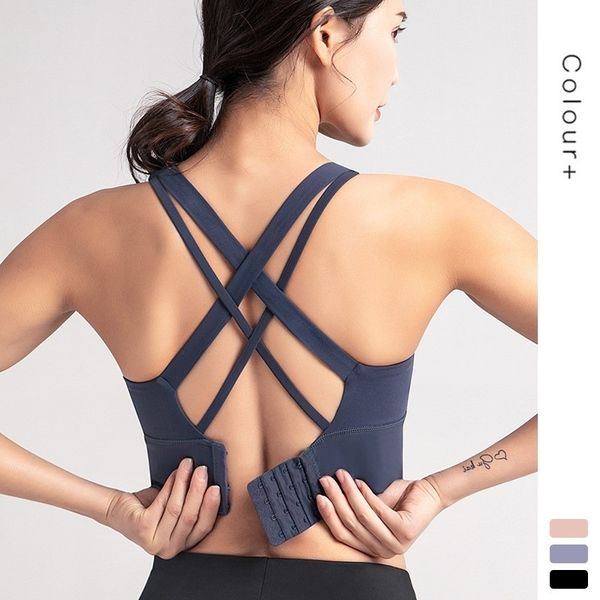 

cross back sports underwear women yoga bra button running shockproof gathered fitness, Black;white