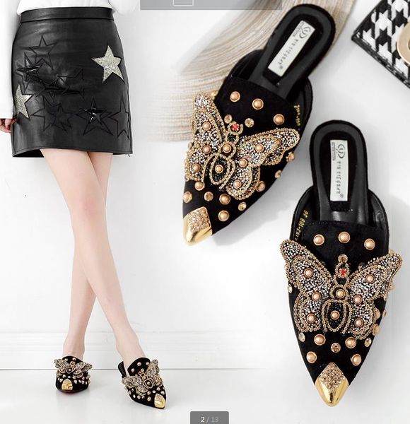 

fantastic rhinestone beaded pointed ballet flat shoes female mules women designer pumps size 35 to 40, Black