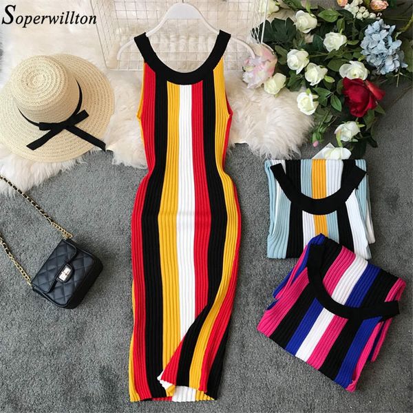 

20212021 dresses women summer sleeveless pencil dress halter stretch striped spring tank vestidos bodycon knitted sweater c66, Black;gray