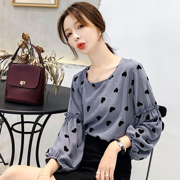 

women's blouses & shirts 2021 women autumn fashion ruffle o-neck lantern sleeve cotton shirt clothing lady casual loose heart print bl, White
