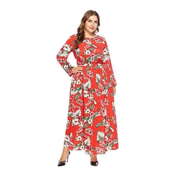 

plus size dresses autumn floral print long sleeve dress women o-neck high waist casual chiffon robe maxi party vestidos large, Black