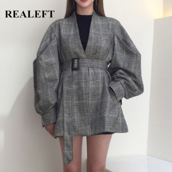 

autumn winter vintage plaid women's jacket sashes v-neck puff sleeve coats single breasted female chic outwear 210428, Black;brown