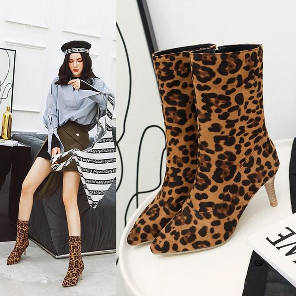

leopard ankle boots women high heel shoes winter warm ladies booties 2021 fashion party pointed toe woman, Black