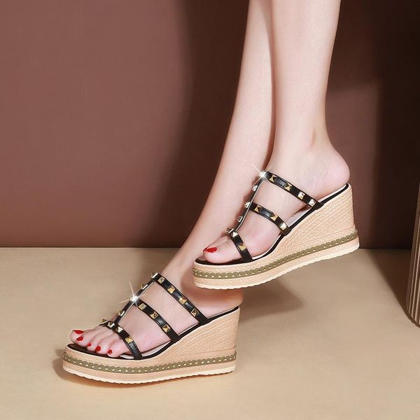

sandals women summer wedges heel thick bottom sandal fashion rivet platform, Black