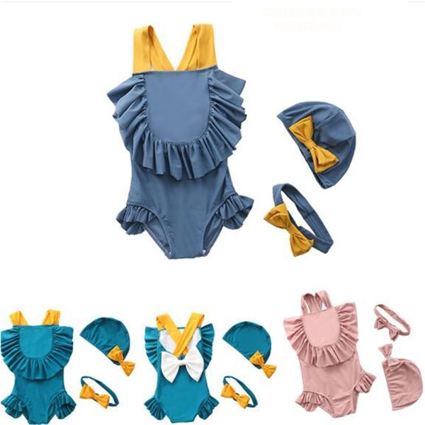 Baby Mädchen Badeanzug Ein Stück Kinder Mädchen Bademode Nette 1-6Yrs Mode Kinder Schwimmen Anzug Rüschen Bogen Beachwear Hut 3 stücke 210417