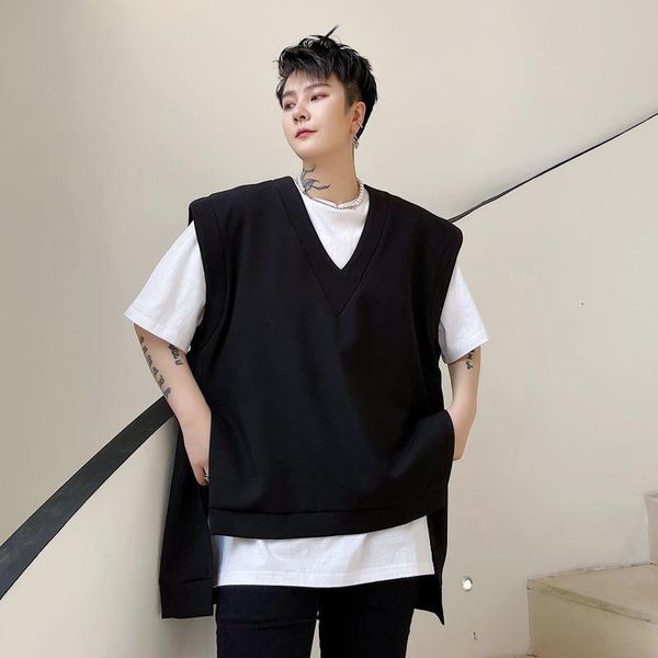 

men's vests vest v-neck handsome korean trend streetwear male clothing 2021 autumn fashion irregular for, Black;white