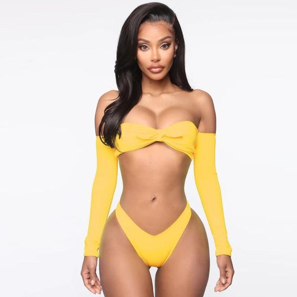 

women's swimwear 2021 outdoor beach bikini long sleeve high elastic summer waist pure color fashion, White;black