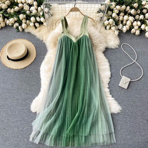 

casual dresses deat 2021 spring summer fashion sleeveless solid color loose mesh pleated slim suspender dress women sk311, Black;gray