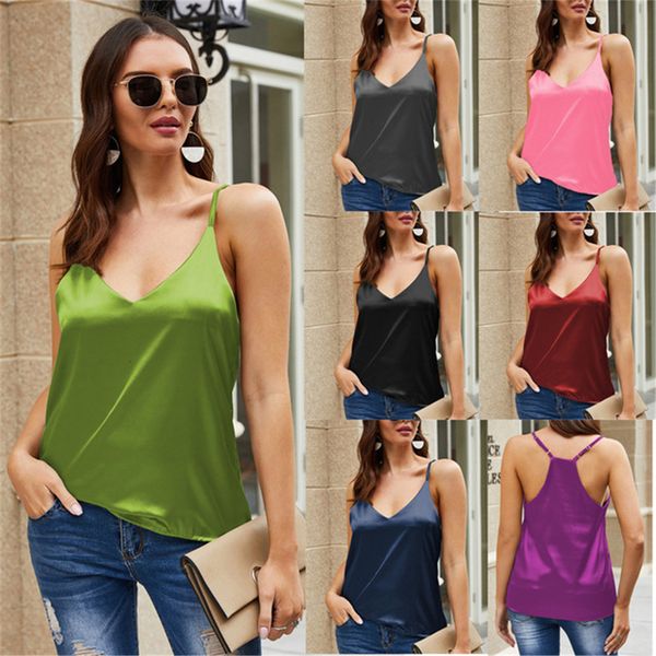 

woman silk satin tank plus size strap cleavage in v deep summer feminine top, White