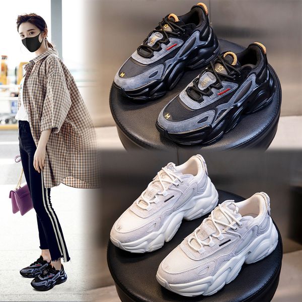 

film bottom daddy shoes women's autumn 2021 sports elevated leather running breathable casual, Black;white