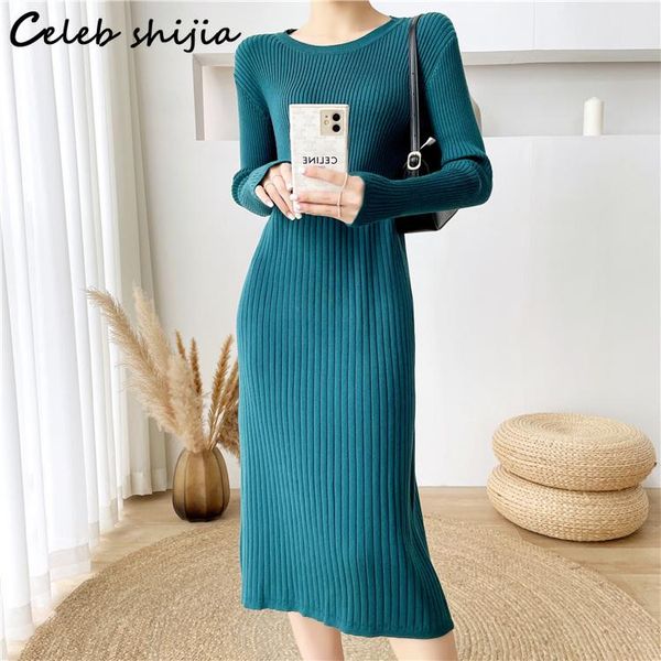 

casual dresses korean fashion o-neck green wool dress woman fall 2021 elegant sweater maxi winter high waist elastic knitted clothing, Black;gray