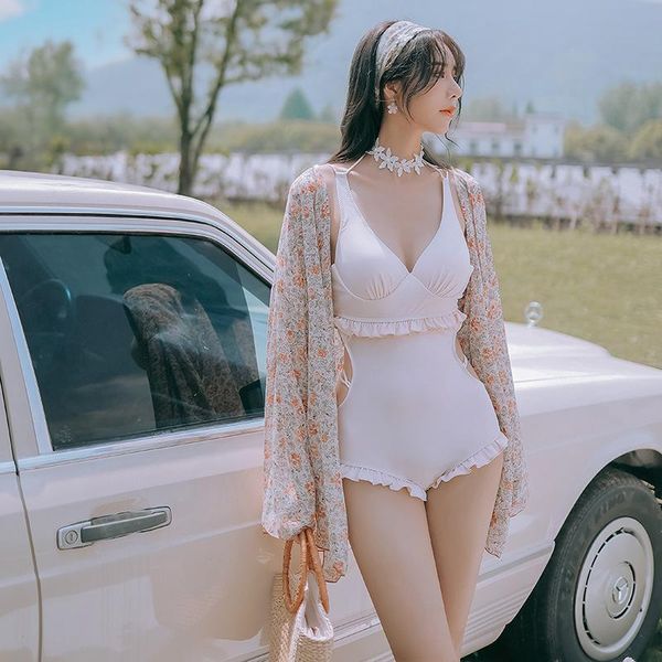 

one-piece suits korean swimsuit 1 piece women 2021 beachwear one bikini set with outer shirt push up print polyester sierra surfer bathing s