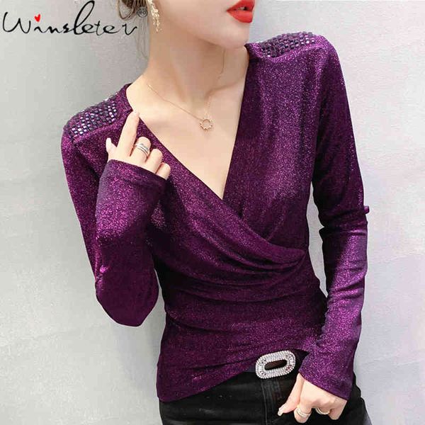 

women's t-shirt fall winter european clothes women fashion v-neck cross shiny dimoands ropa mujer bright gold tees t0930, White