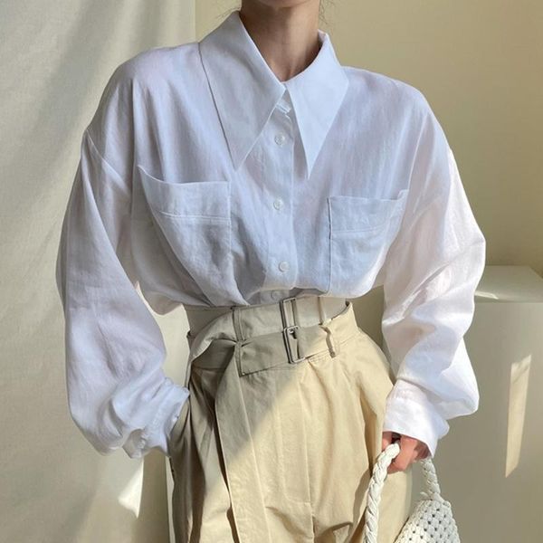 

women's blouses & shirts [ewq] korea chic casual trend women lapel single-breasted fashion simple double-pocket long-sleeved shirt autu, White