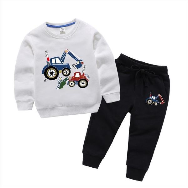 

girls outfit cartoon excavator print boys clothes two pieces children clothing boy long sleeve shirts pants autumn, White