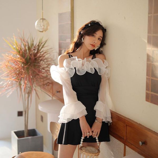 

one-piece suits women swimsuit push up swimwear for 2021 one piece skirt korean ins long sleeve suit female print polyester sierra