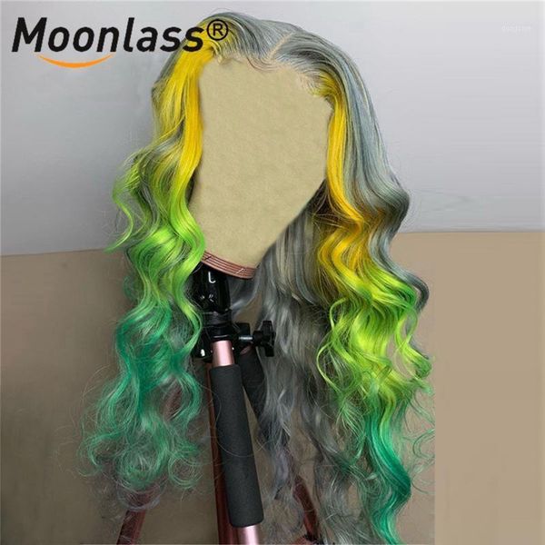 

yellow grey highlight wig green red colored lace front human hair wigs brazilian remy transparent closure for women1, Black;brown