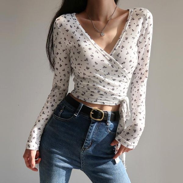 

women's t-shirt women crossover front florals print wrap long sleeved waffle crop with tie hem, White