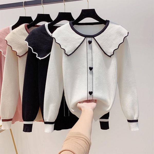 

spring autumn women ruffles collar contrast color sweater female cute knit pullover patchwork sweet knitwear w253 women's sweaters, White;black