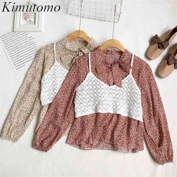 

kimutomo women suit korean retro floral strap bow long sleeve shirt + hollow out knitted sling two piece set casual 210521, White
