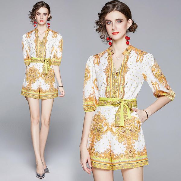 

women's tracksuits spring summer fall runway 2 piece womens sets retro vintage print v neck 1/2 half sleeve shirt blouse shorts suits o, Gray