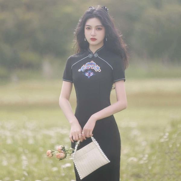 

ethnic clothing black solid classic embroidery cheongsams slim mini oriental chinese dress vintage button women qipao banquet gown, Red