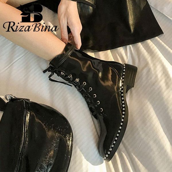

boots rizabina women short real leather rivets ankle fashion cool club shoes daily footwear size 34-39, Black