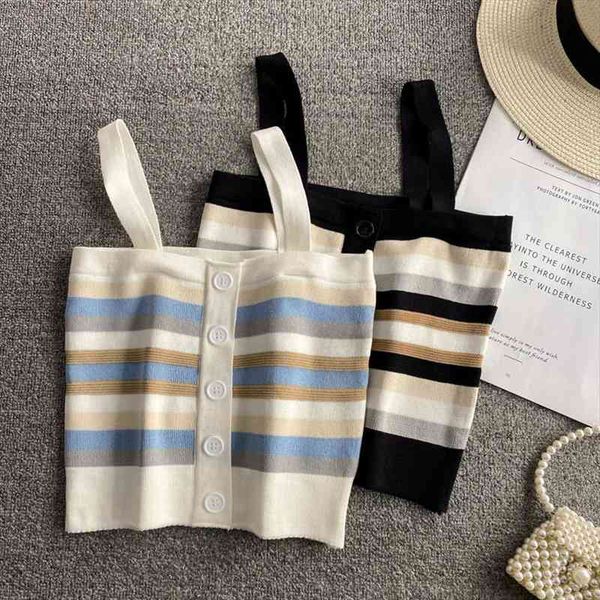 

korean crop colorblock stripe women off shoulder slim fit camisole sleeveless button camis fashion casual, White