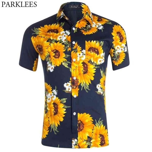 

sunflower fashion printed men hawaiian shirt short sleeve casual mens beach shirts tropical aloha male vacation clothing chemise 210522, White;black