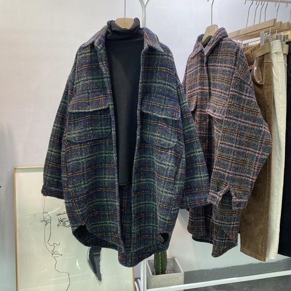 

women's jackets 2021 women spring plaid jacket coat woolen overcoat single breasted full sleeve loose cardigan outerwear pockets, Black;brown