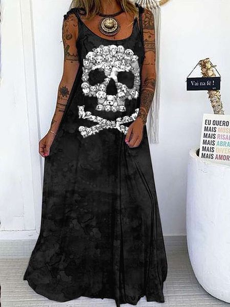 

women's summer women's suspender printed skull head casual dress, Black;gray