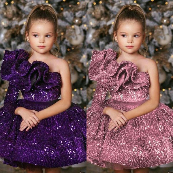 One-Shoulder-Pailletten-Blumenmädchenkleider, Rüschen, Tutu-Rock, Festzug-Kleider für kleine Mädchen, knielang, Geburtstagsparty-Kleid