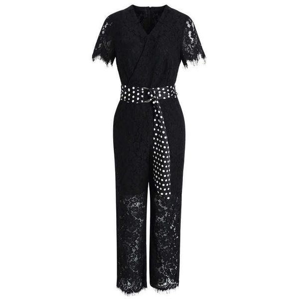 Talvez U Black Branco Branco Manga Curta V Pescoço Lace Jumpsuits Largura Lugar Ankle-Comprimento Calças de Verão Sash Bolso Escritório Senhora J0081 210529