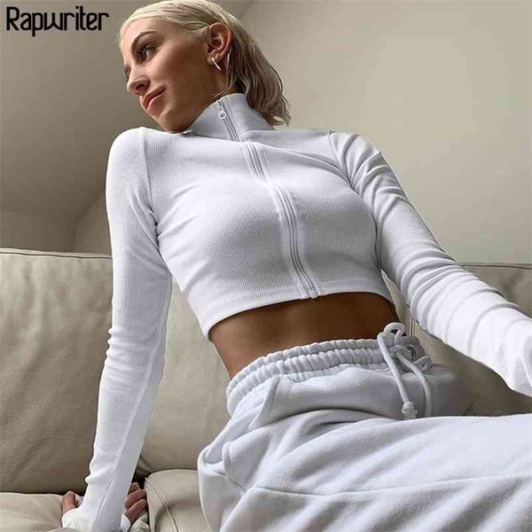 Rapwriter casual turtleneck zipper médio malha com nervuras elástico branco t-shirt menina garota harajuku outono manga longa trecho superior 210722