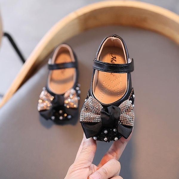 

flat shoes student flats kids performance children leather rhinestone bow princess girls party dance mary jane, Black;grey
