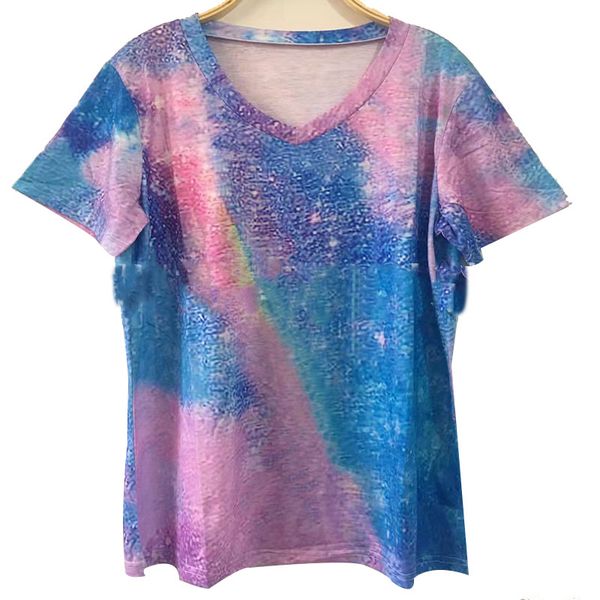 

new women's t shirt trend ladies tie-dye printing short-sleeved v-neck t-shirt #2203, White