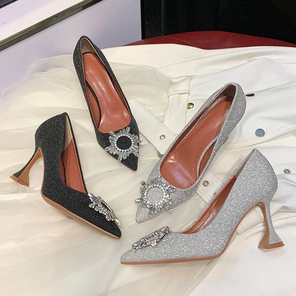 

dress shoes 2021 spring tip jiu bei gen heels sun buckle rhinestone black evening