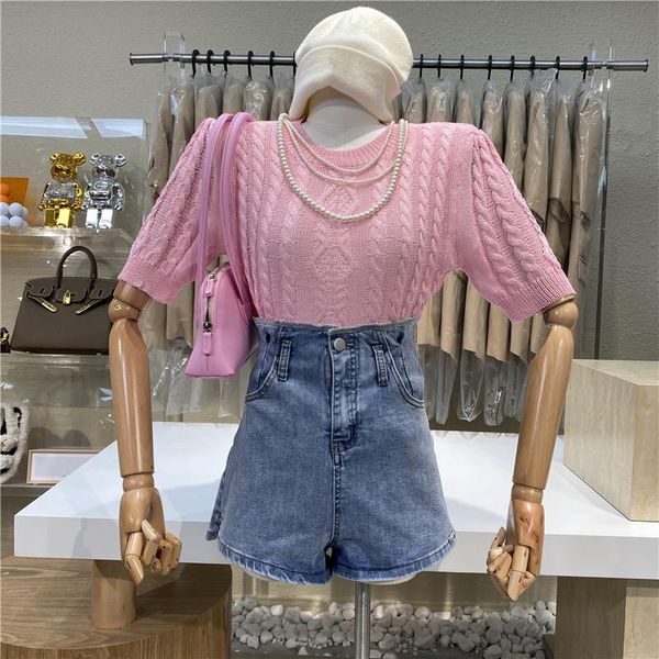 

brand original design 2021 retro round neck pattern short sleeve sweater slim women's t-shirt, White