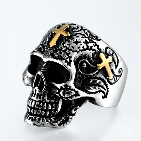 

punk jewelry cross carved skull ring men's personality ring, Golden;silver