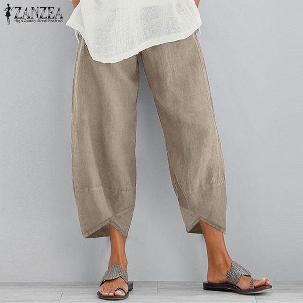 

women's pants & capris tousers 2021 zanzea vintage cropped casual elastic waist irregular pantalon female linen oversized palazzo, Black;white