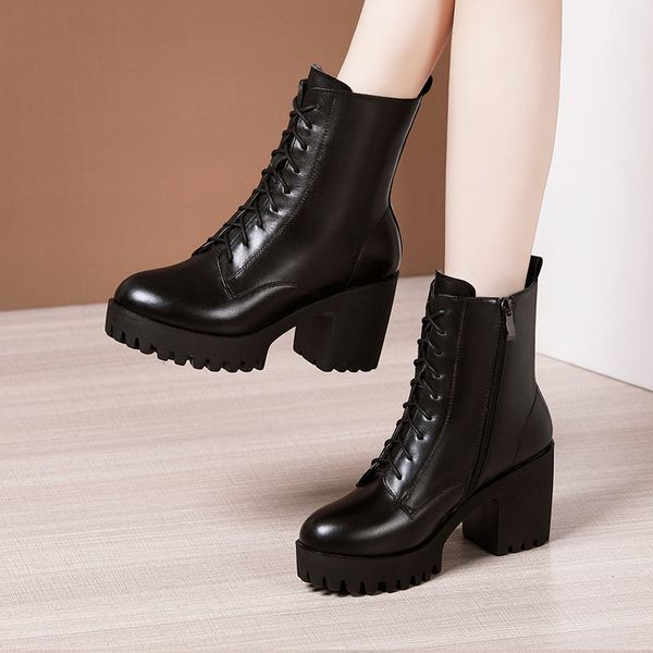 

round head thick lace up ankle women winter plush british style short boots large size 32 to 43 high heel, Black