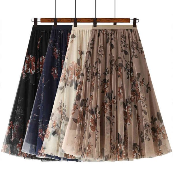 

skirts spring vintage flowers printed a-line long pleated mesh skirts, Black