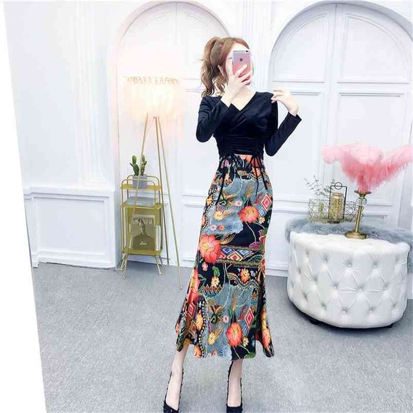 

spring autumn women's suit solid color v-neck velvet base coat + high-waisted and thin fishtail half skirt sets ll192 210506, Black;white